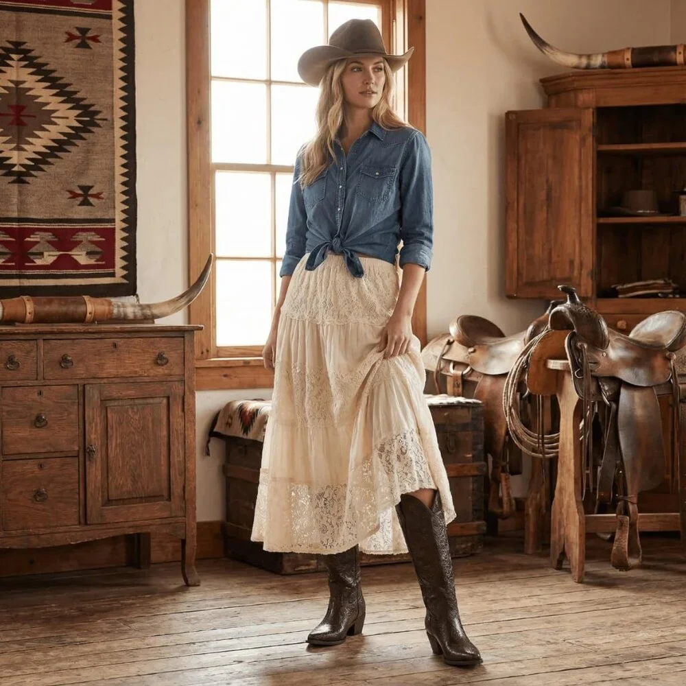 Women's Brown Knee High Western Pointed Toe Comfortable Chunky Heel Boots - Picture 6 of 6